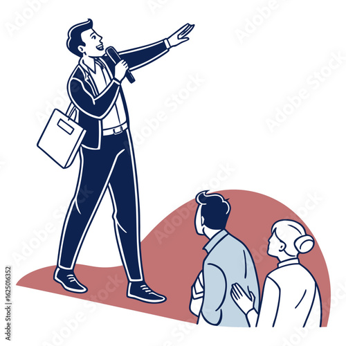 Charismatic male speaker with microphone addressing an attentive audience in a modern minimalist illustration style