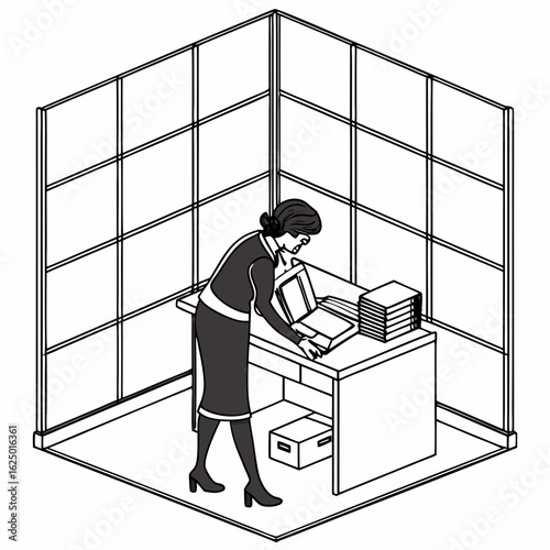 Businesswoman working at her desk in an office cubicle with stacks of documents and an open book