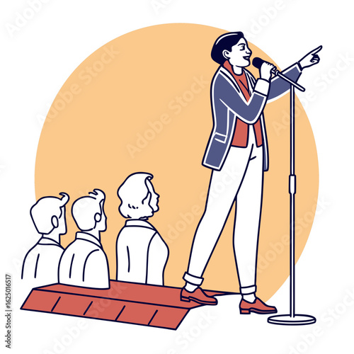 Confident speaker addresses engaged audience from stage with microphone and spotlight