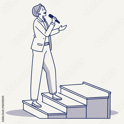 Confident woman in suit speaking into microphone on stage steps addressing audience with enthusiasm