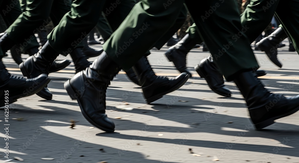 Soldiers marching in formation with shiny black boots and green uniform pants Soldiers marching in formation with shiny black boots and green uniform pants