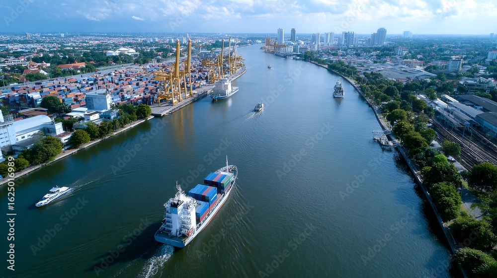 Fototapeta premium Exploring global trade logistics aerial view of shipping infrastructure worldwide infographic urban landscape high altitude trade connections