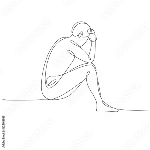 Thoughtful Seated Figure Line Drawing – Minimalist Continuous Line Art of Person on Chair in Reflective Pose