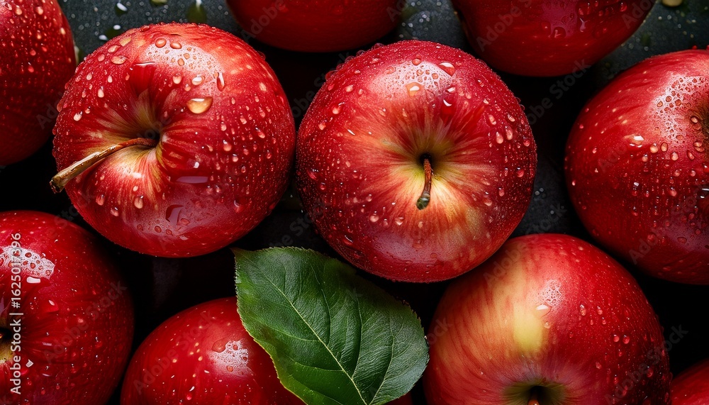 red apples with leaves closeup with top view red apple patterns top view of bright ripe fragrant red apples with water drops as background red apples with leaves closeup with top view red apple patterns top view of bright ripe fragrant red apples with water drops as background