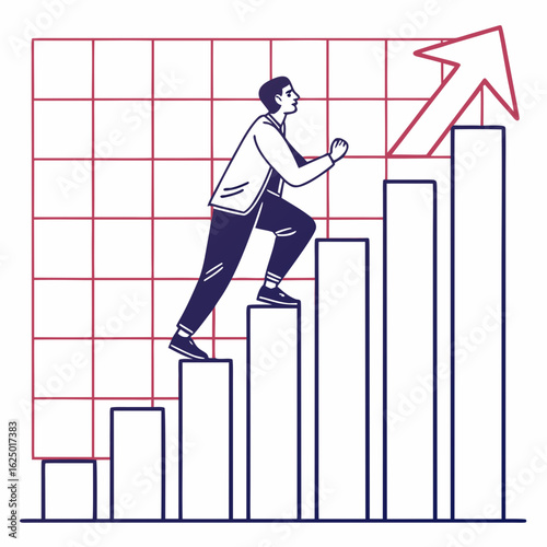 Man climbing up increasing bar graph representing career growth and financial success