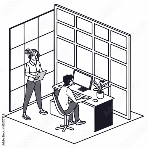 Man working on computer at desk while woman holds clipboard in office cubicle with partition