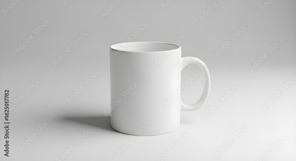 A plain white ceramic mug sits on a minimalist white background. A plain white ceramic mug sits on a minimalist white background.
