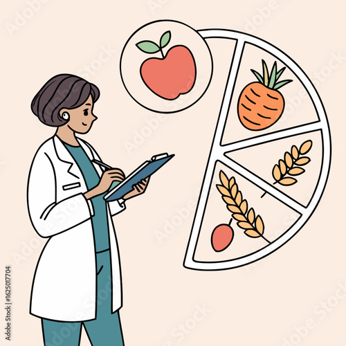Nutritionist or doctor reviewing a healthy food diet plan with fruits vegetables and grains