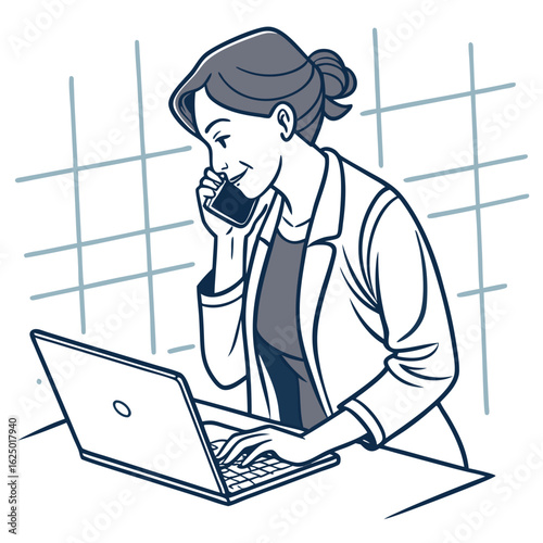 Smiling businesswoman talking on the phone while typing on her laptop at her desk