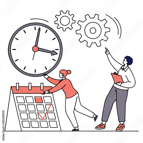 Teamwork and time management with clock and calendar for project planning and workflow optimization