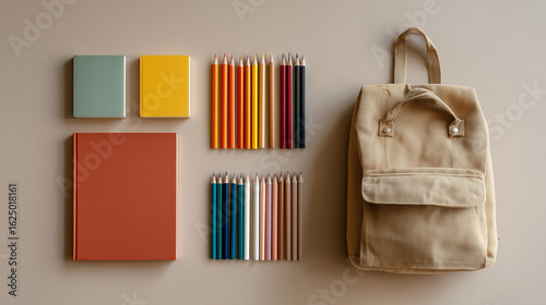 Flat lay of school supplies on neutral pastel background
