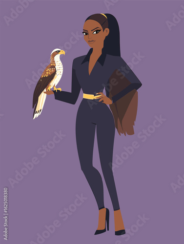 African woman in sleek catsuit and ponytail holding golden desert eagle, smirking confidently vector