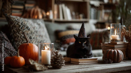 Black cat wearing a witch's hat sitting on a pile of books