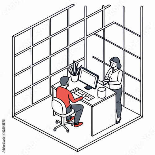Two colleagues collaborating in a modern office cubicle with a plant and computer on the desk
