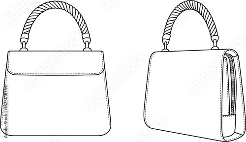 Elegant handbag design, front and side view, twisted rope handle, fashion accessory, stylish purse, detailed illustration, vector, designer, high-quality