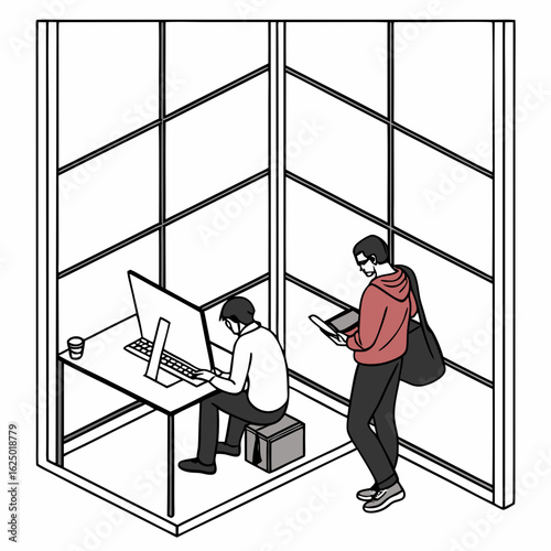 Two men in a modern office cubicle one working on a computer and the other using a tablet