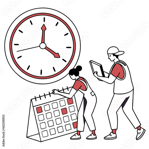 Two people planning and managing time with a calendar and clock illustrating scheduling and organization