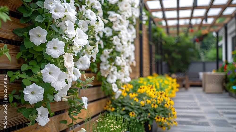 Fototapeta premium White petunia flowers cascade down a wooden wall in a vibrant garden