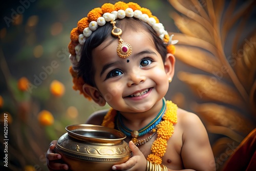 Joyful baby krishna with pot and peacock feather crown