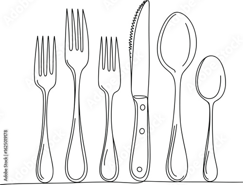 Kitchen utensils illustration, forks, knife, spoons, cutlery set, cooking tools, tableware, black and white drawing, home kitchen, dining essentials