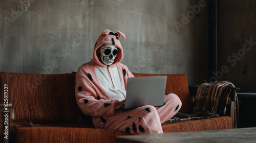 Remote Halloween: Person in autumn pajamas and a skeleton mask sitting in front of a laptop.