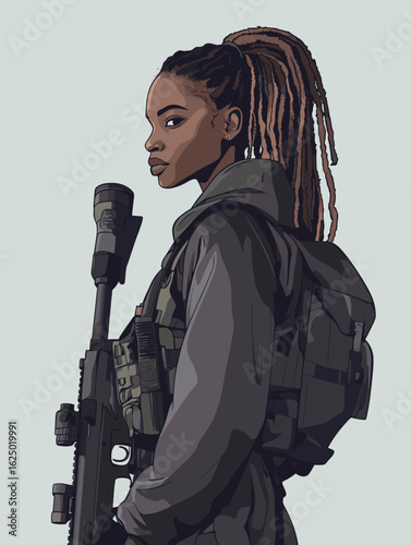 African woman in tactical dress with sniper scope and stealth pistol, dreadlocks pulled back vector