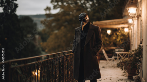 Lonely man in elegant crow mask on autumn terrace