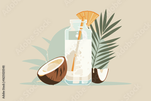 Vector illustration of coconut water in a bottle, split coconut, with palm leaves on a beige  backdrop