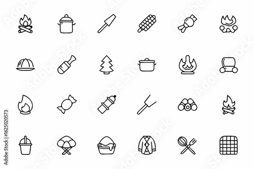 A cozy set illustrating campfire activities and outdoor cooking. Perfect for recipe books, camping guides, and social media content