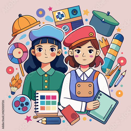 Two creative girls with art supplies in a cartoon style illustration on a light pink background