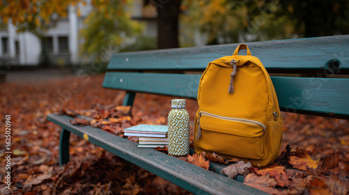 Open child's school backpack on autumn bench with leaves around