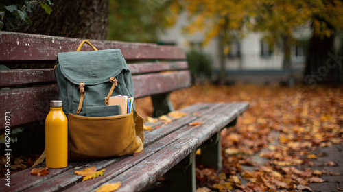 Open child's school backpack on autumn bench with leaves around