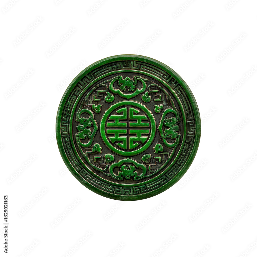 Fototapeta premium Intricate Green Jade Medallion with Chinese Symbolism and Geometric Patterns