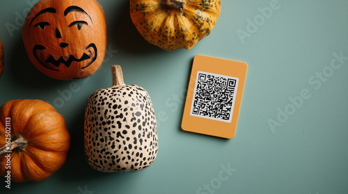 Pumpkins carved with technological symbols and QR codes