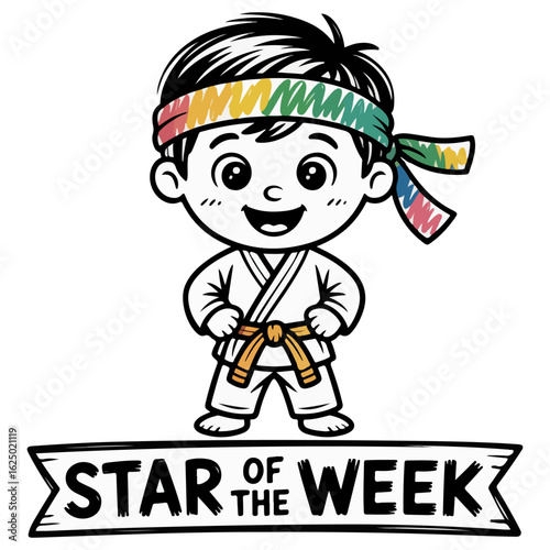 Karate martial art boy with star of the week award logo mascot character