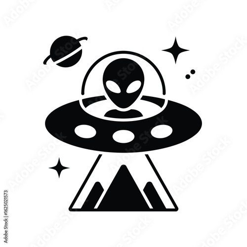 Stylized black and white illustration of an alien in a flying saucer with planets and stars