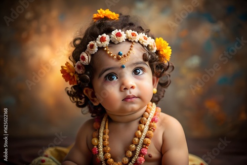 Adorable baby krishna with flower crown and beaded necklaces