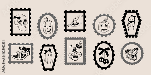 Set of cute Halloween stamps and badges with skull, pumpkin, ghost, cake, candy, witch hat and poison bottle. Hand drawn vintage coquette style, creative decorations, icons, stickers.