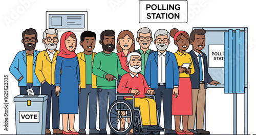 Diverse group of people waiting to vote at a polling station, ready to cast their ballots.