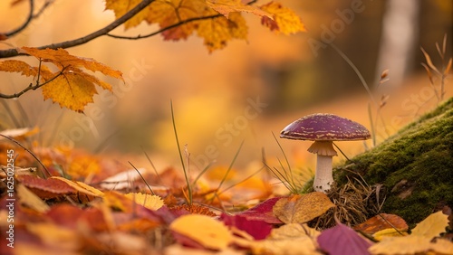 mushroom in autumn forest among fallen leaves