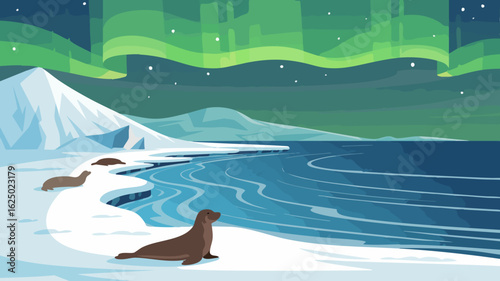 Illustration Vector SVG of Arctic Landscape with Northern Lights and Marine Mammals in Modern Flat Style