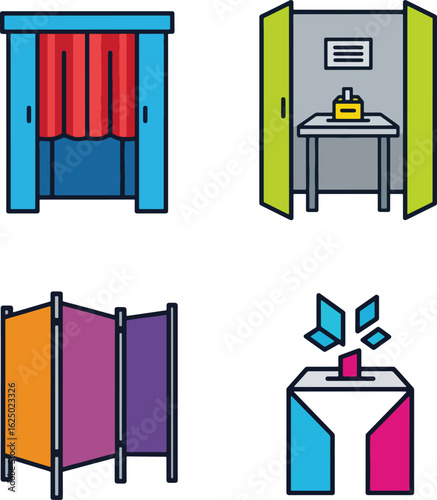 Four colorful illustrations depict various voting booth designs, emphasizing privacy and the act of casting a ballot.