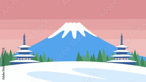 Vector SVG Illustration of Mountain with Pagodas in Flat Modern Style with Blue White and Green Colors