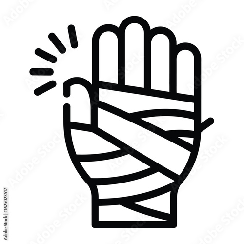 Illustration of a bandaged hand with radiating lines indicating pain or injury