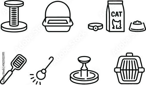 Cat Accessory Icons Set Line Art Scratching Post, Bed, Food, Toy and Carrier Set