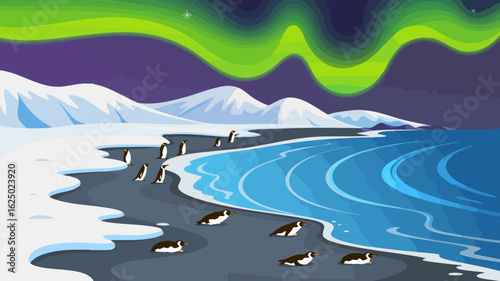 Minimalist Vector SVG Illustration of Penguins on Icy Shoreline with Aurora Borealis in Flat Style with Cool Blue and Green Colors