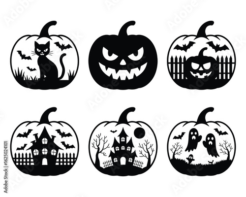 A set of six black and white Halloween pumpkin silhouettes with carved spooky scenes. Collection includes haunted house, ghost, and black cat designs.