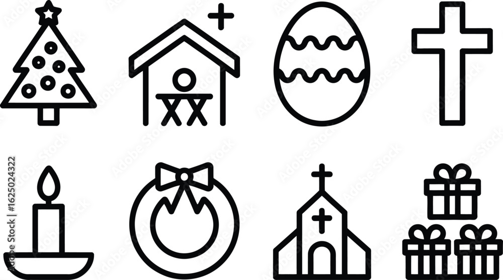 Fototapeta premium Christmas Nativity Religious Icons Set in Outline Style on Transparent Background