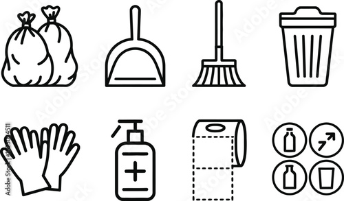 Cleaning Supply Icons Set Bags, Gloves, Sanitizer, Recycling on Transparent
