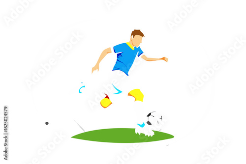 Soccer player kicking ball on green grass with black background
